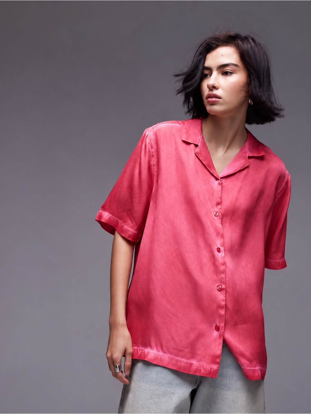 Topshop Short-Sleeve Button-Down Shirt in Rose Pink